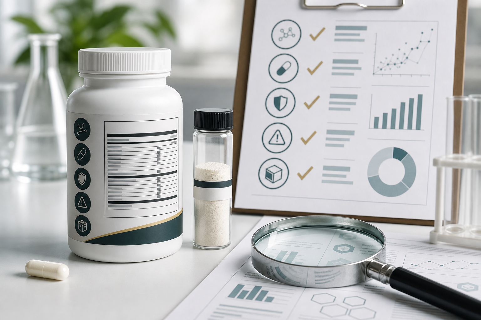 Supplement label, laboratory sample, and certificate of analysis quality review