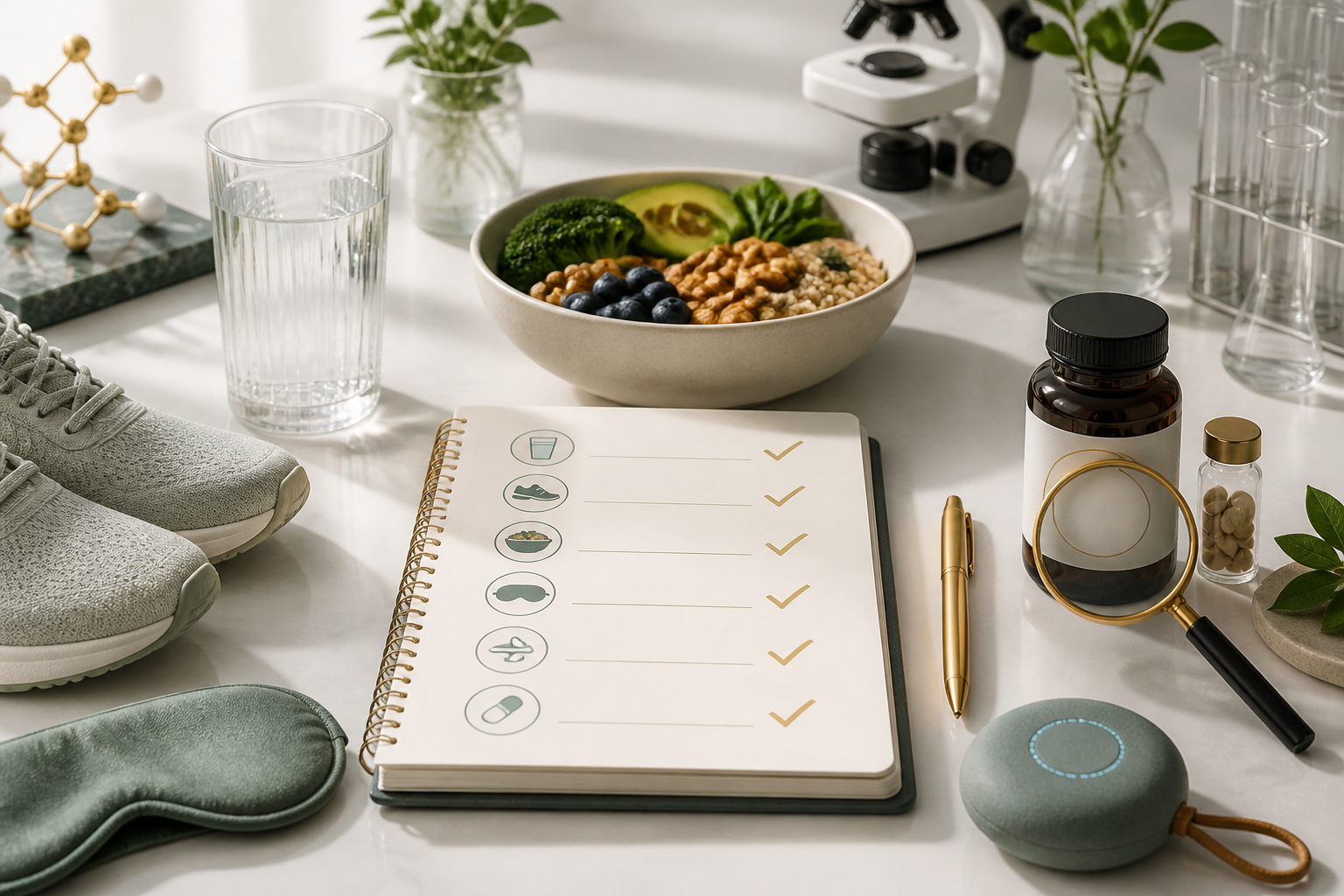 Habit tracking journal and supplement label review for a practical cellular wellness routine
