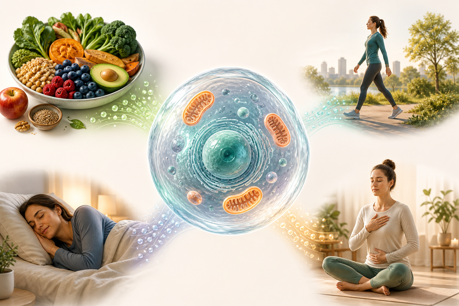 Four lifestyle pillars surrounding a healthy cell: whole foods, movement, sleep, and stress recovery