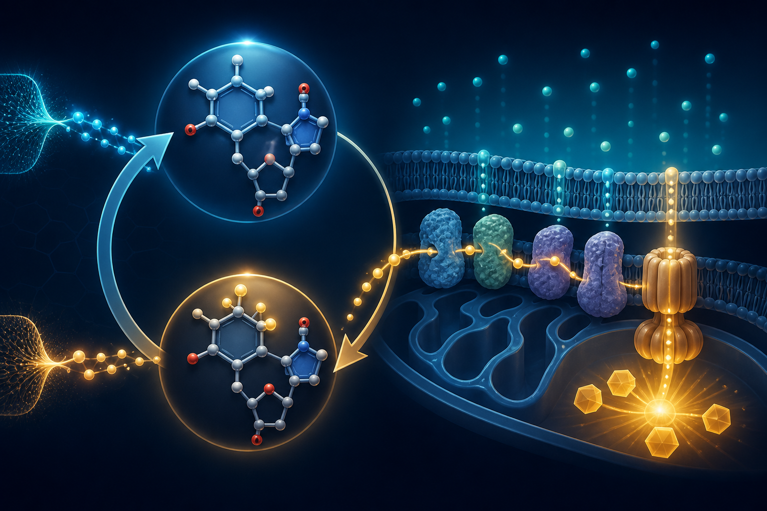 Scientific editorial illustration of NAD+ and NADH redox conversion near a mitochondrion