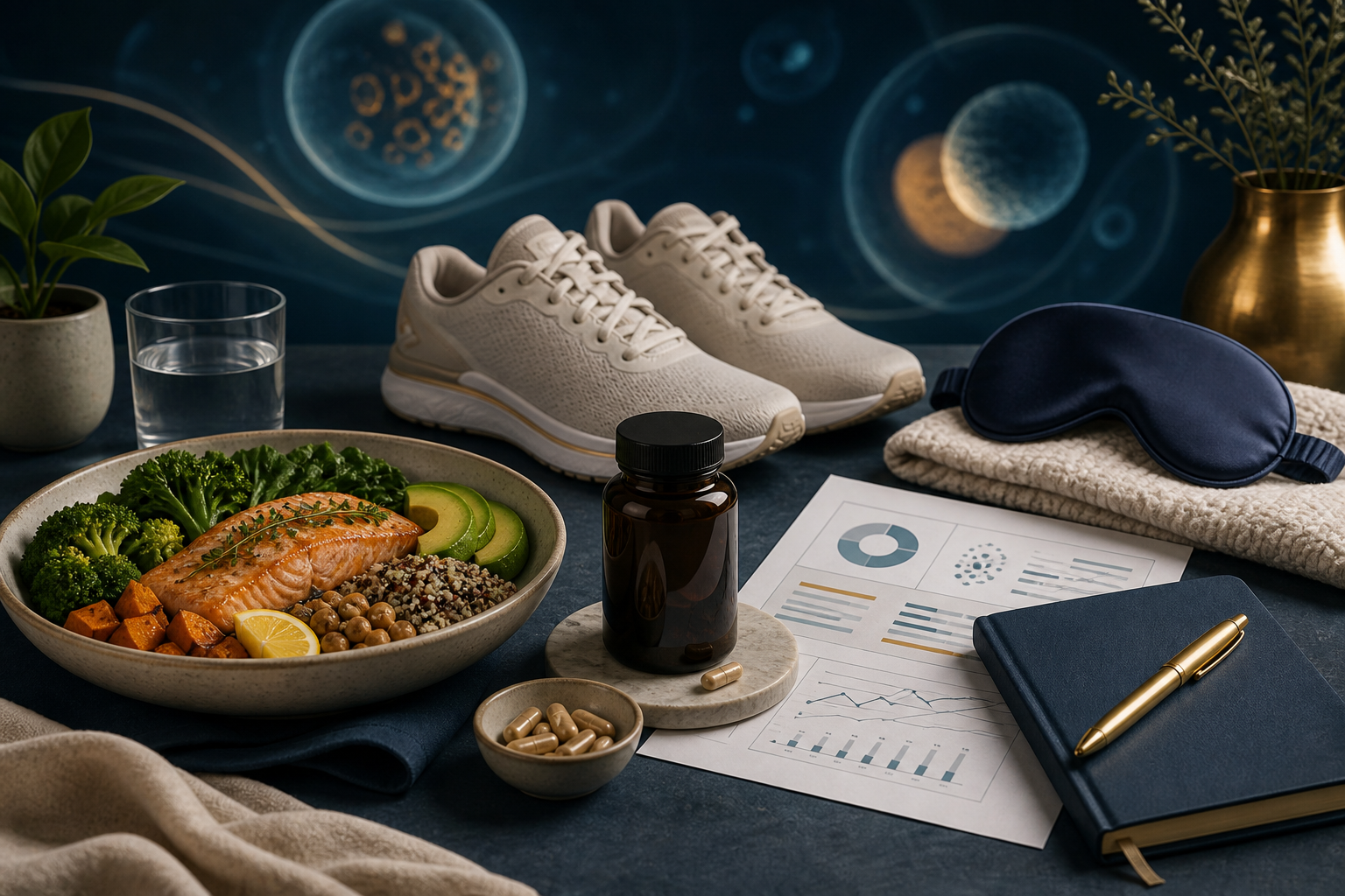 Healthy meal, movement, sleep routine, supplement bottle, and testing checklist for evidence-aware wellness planning