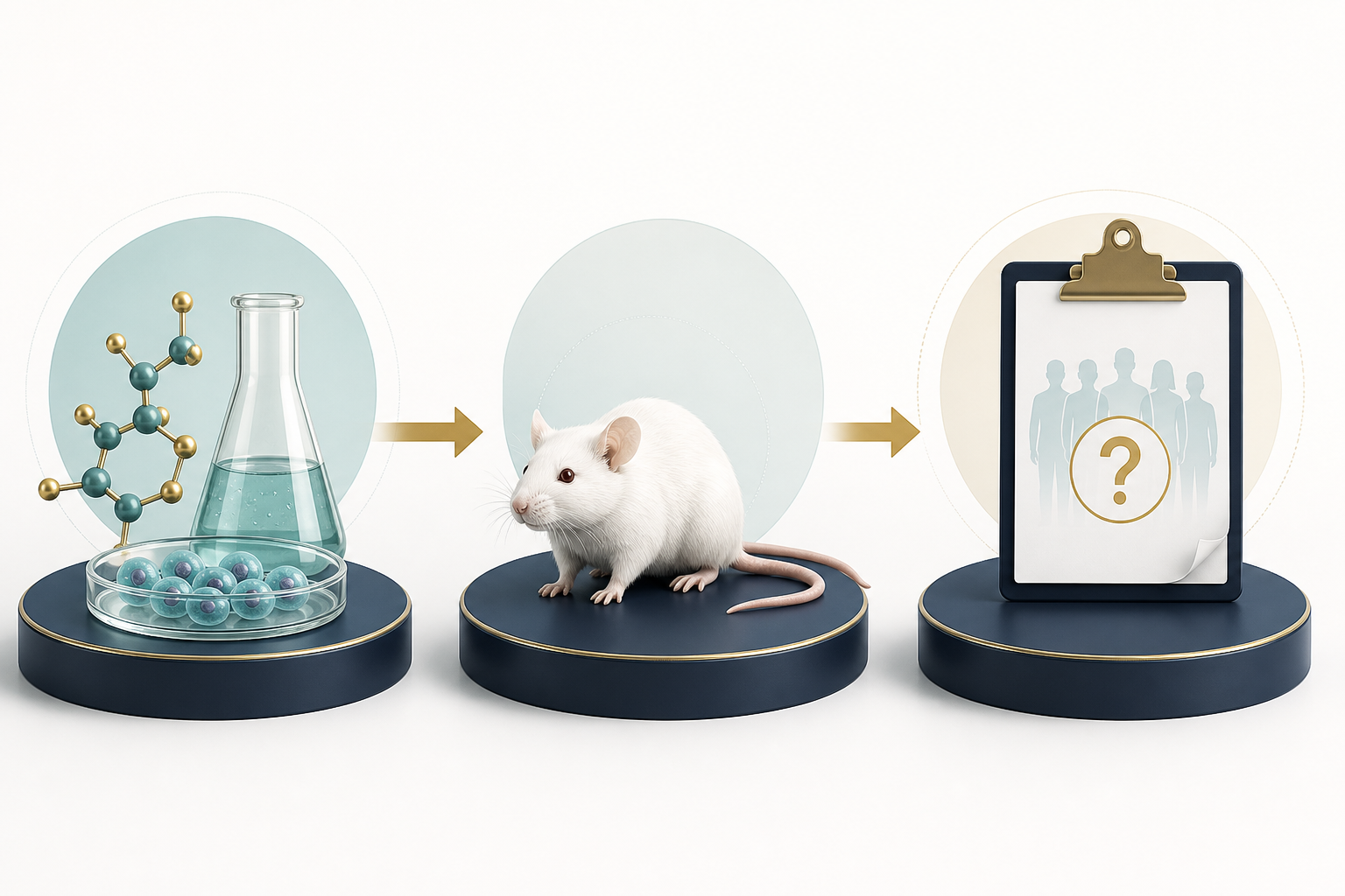 Evidence ladder illustration moving from laboratory chemistry and cells to mouse research and an open human-study question