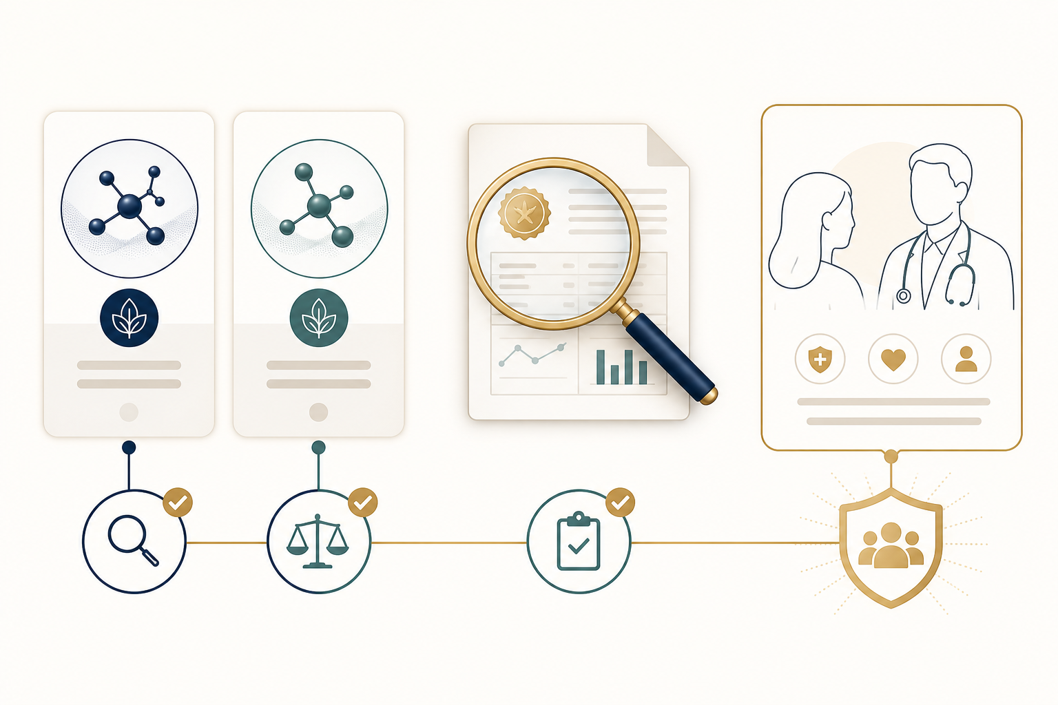 Evidence-aware supplement comparison and product review checklist with certificate analysis and healthcare consultation icons