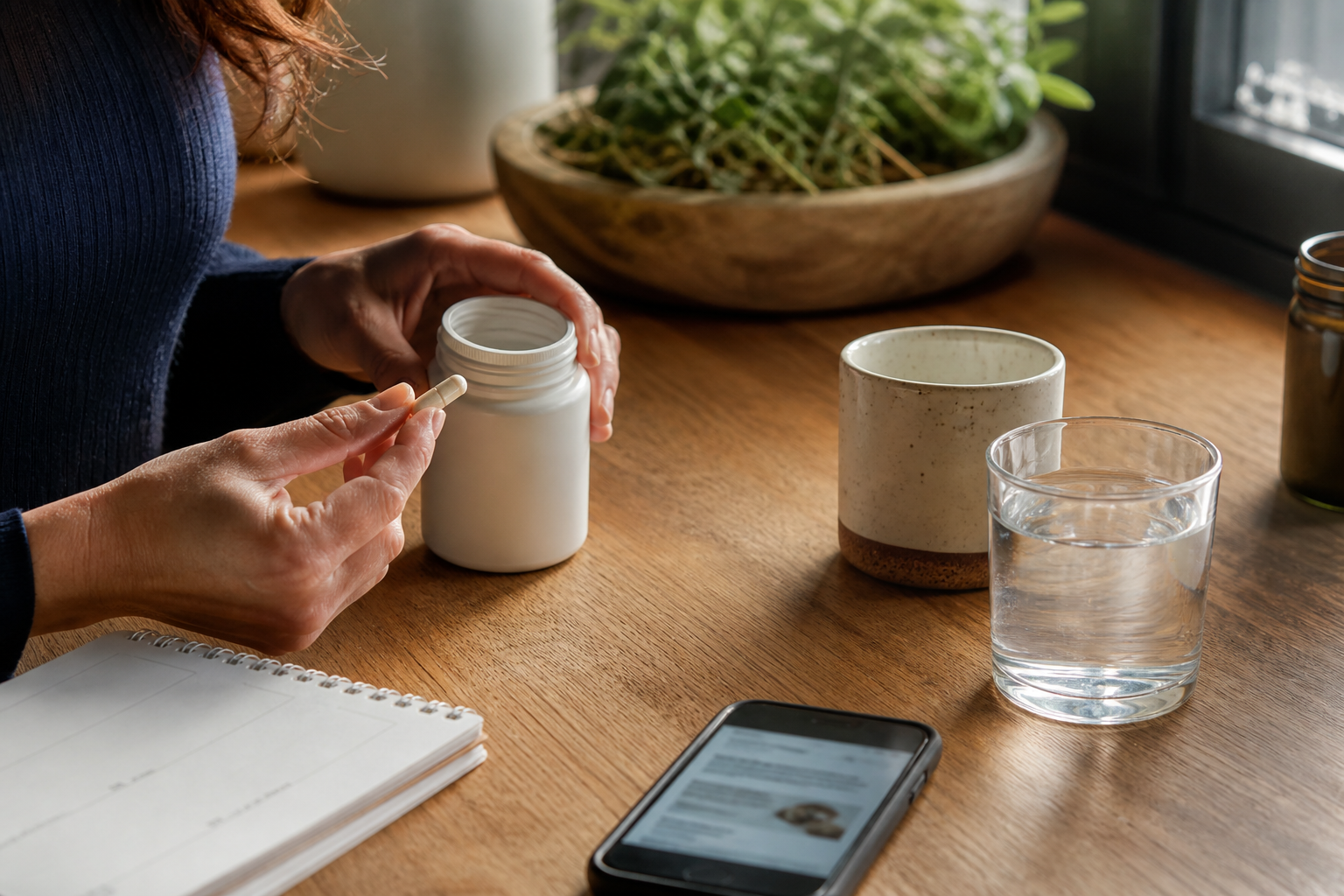 Hands preparing an unbranded supplement with water during a natural morning routine