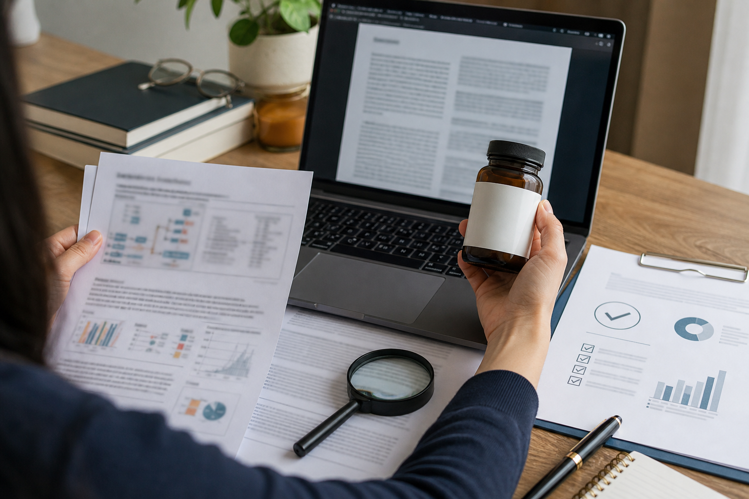 Person comparing a scientific paper, supplement label, and testing document at a home office desk