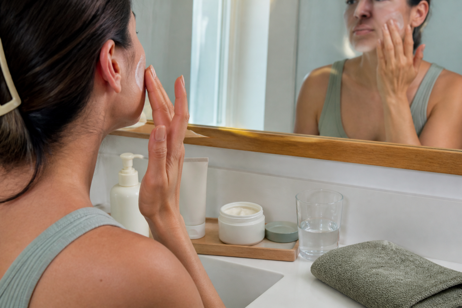Woman applying moisturizer during a simple daily skin barrier routine