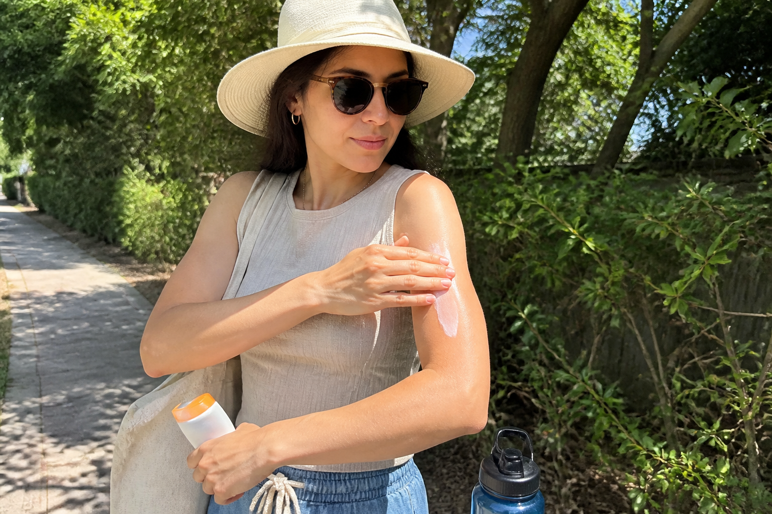 Woman applying sunscreen outdoors before a walk in natural sunlight