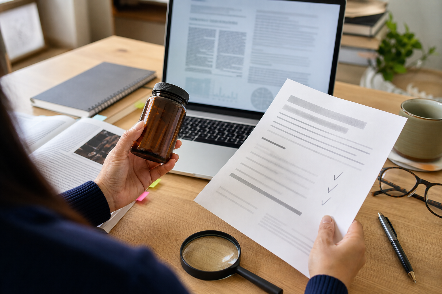 Person checking a supplement label and research documents at a home office desk