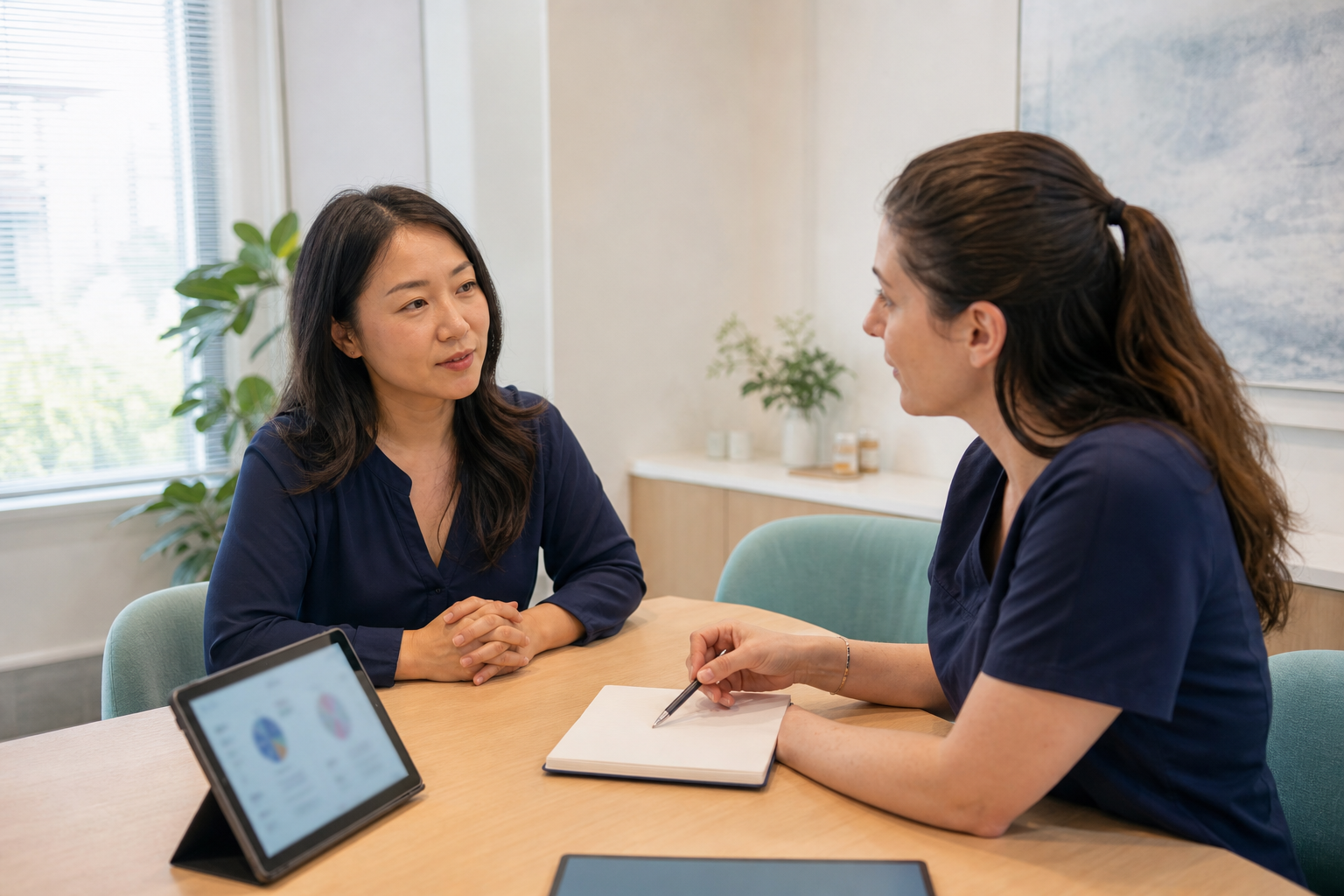 Woman discussing a supplement question with a healthcare professional in a bright consultation room
