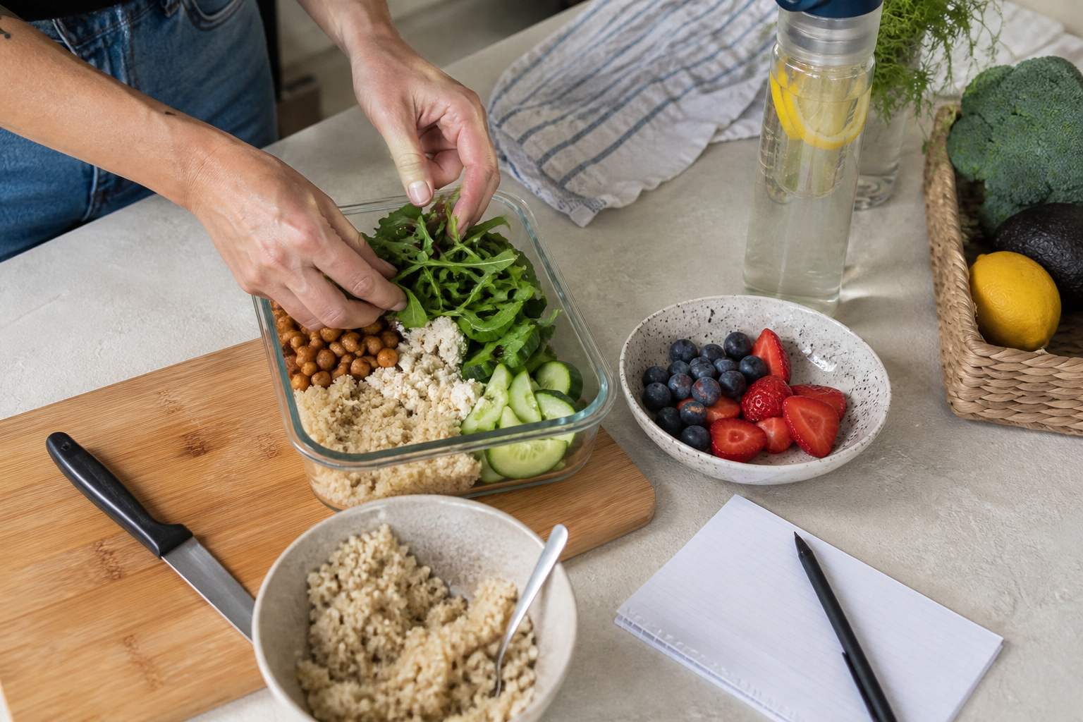 Hands preparing a balanced meal with vegetables, legumes, whole grains, berries, and water