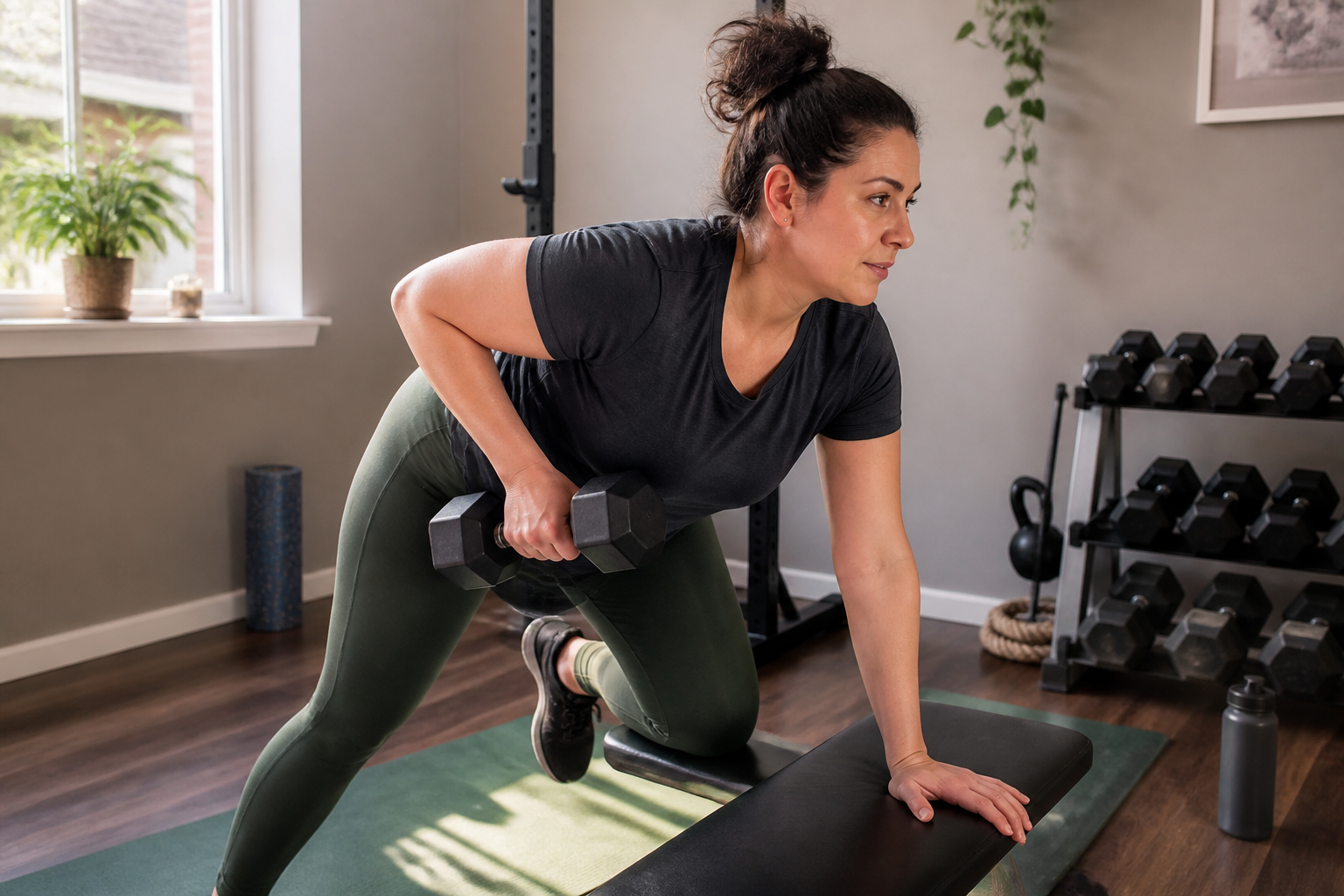 Woman performing controlled dumbbell training in a realistic home workout space