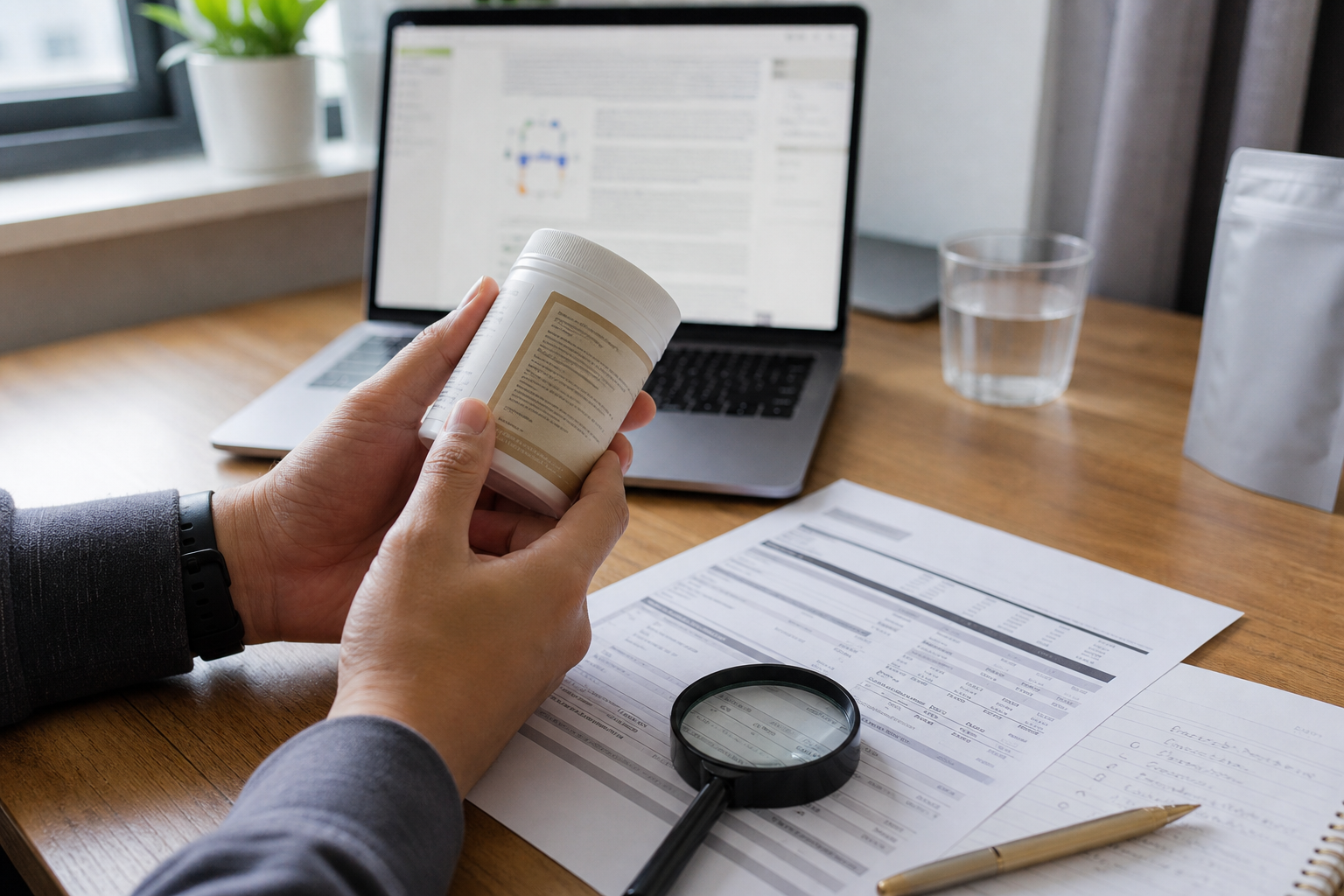 Consumer reviewing an unbranded supplement container and laboratory paperwork at a desk