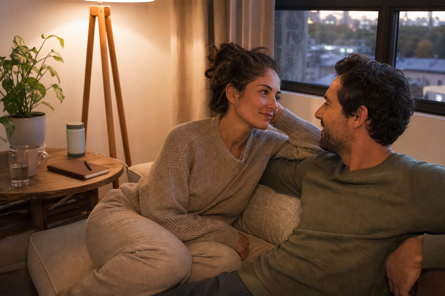 Couple having a calm conversation at home as part of a realistic sexual wellness and healthy aging routine