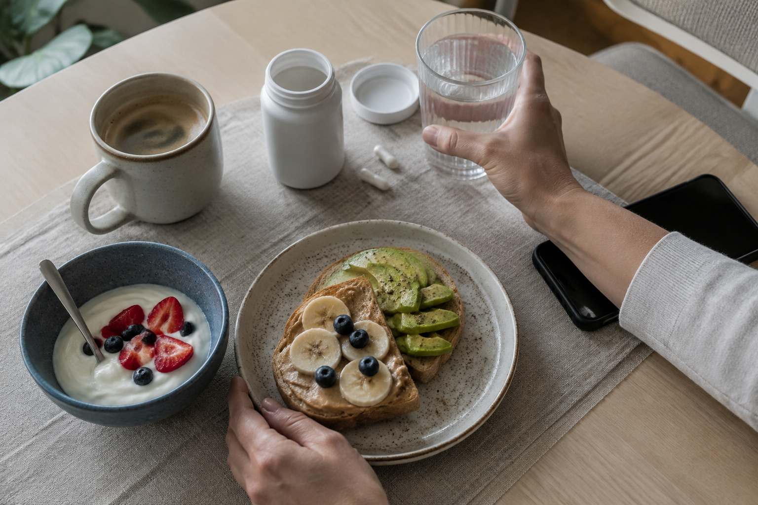 Realistic home breakfast with coffee, water, food, and an unbranded supplement container for a with-food TMG routine