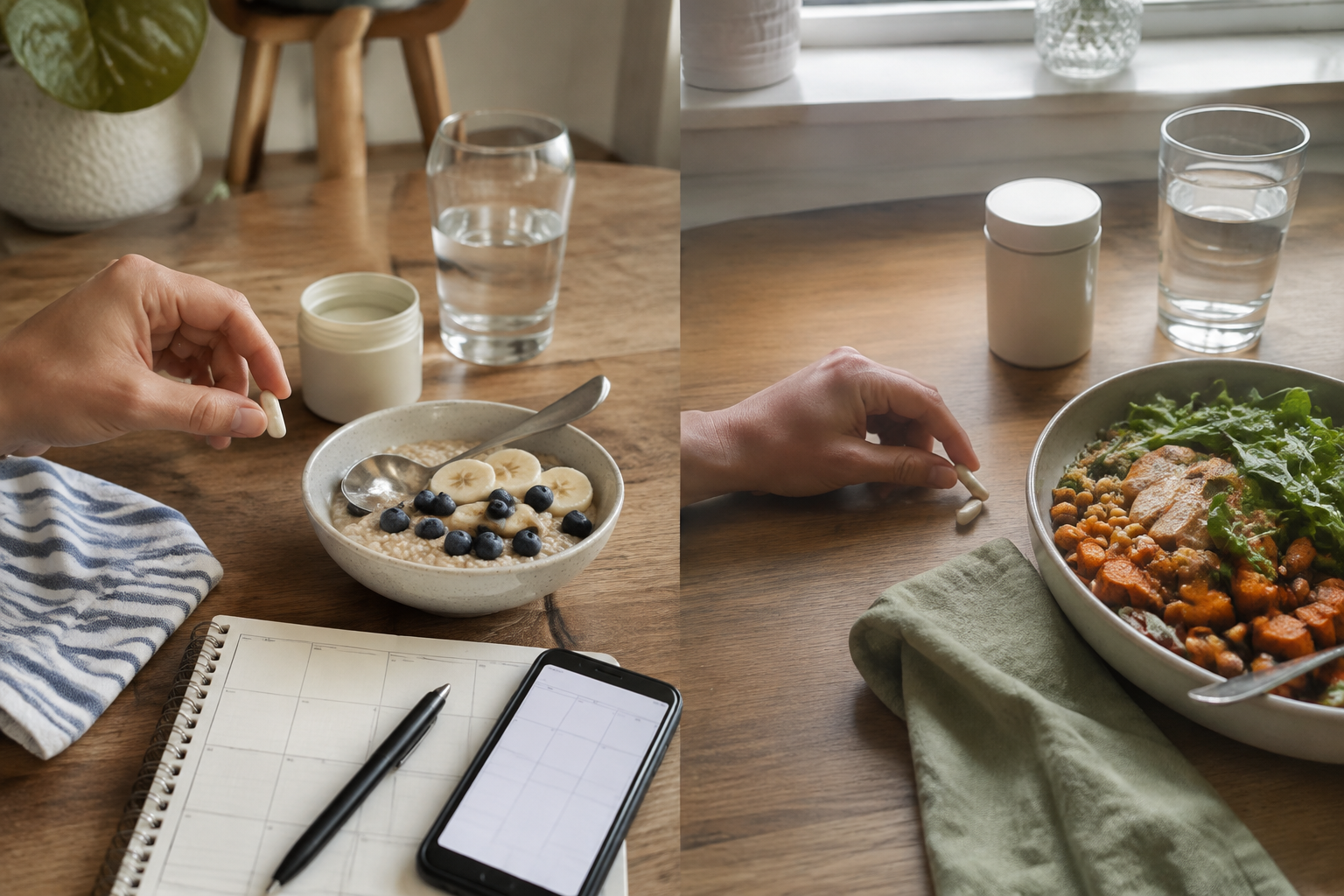 Realistic breakfast and lunch settings showing a consistent split-dose supplement routine