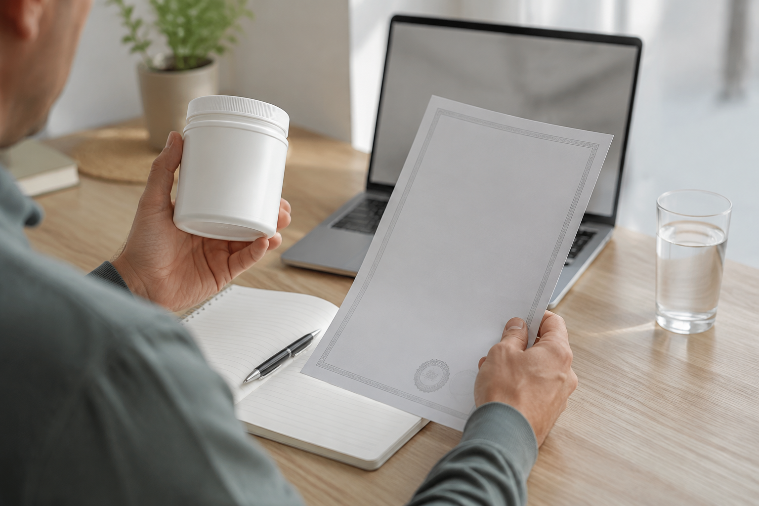 Realistic person reviewing an unbranded supplement container and quality paperwork at a home desk