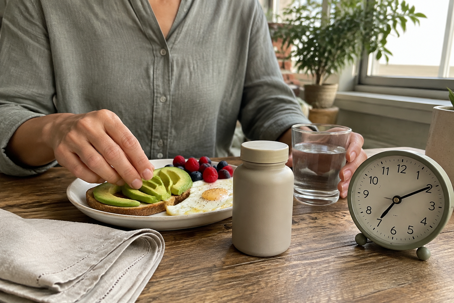 Realistic breakfast with avocado, eggs, water, a clock, and an unbranded CoQ10 supplement container