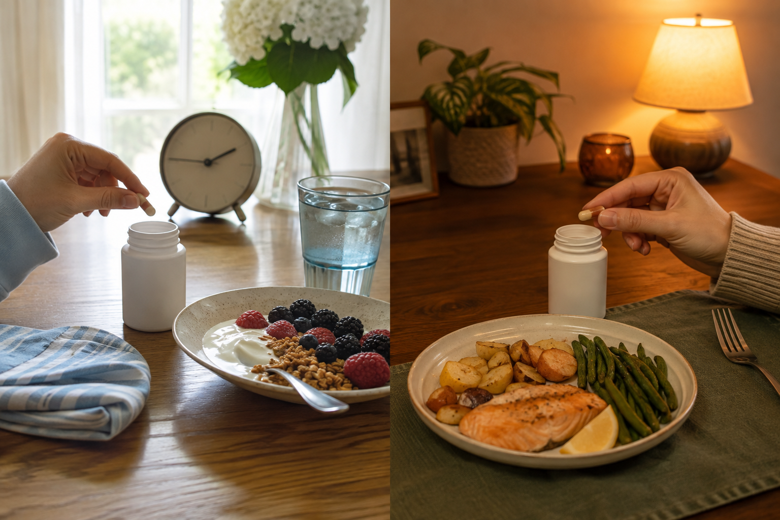 Realistic split morning and evening home scenes showing different practical CoQ10 meal anchors