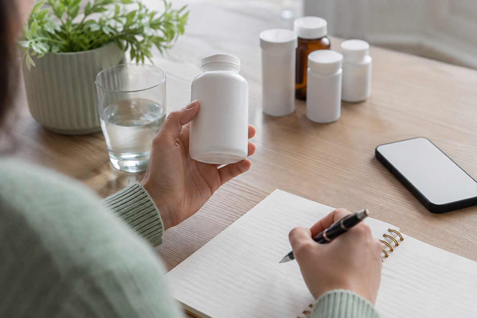 Realistic person reviewing an unbranded CoQ10 container alongside neutral medicine containers and a notebook