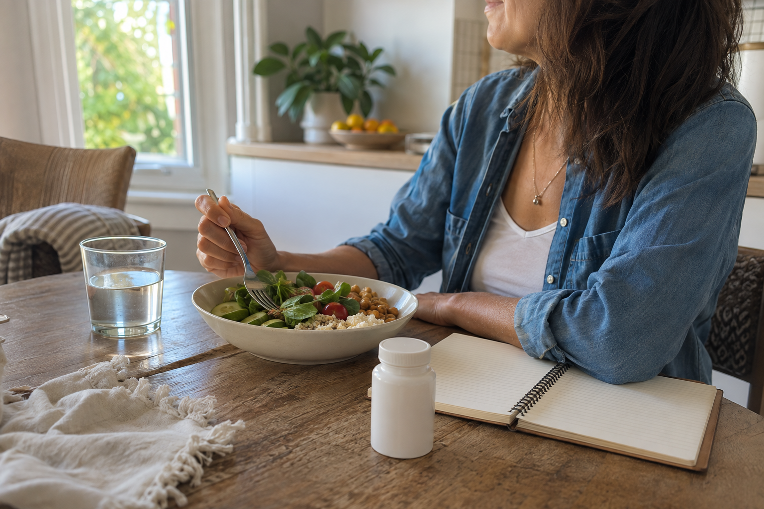 Adult woman enjoying a balanced meal with water, a notebook, and an unbranded CoQ10 supplement container in a bright home setting