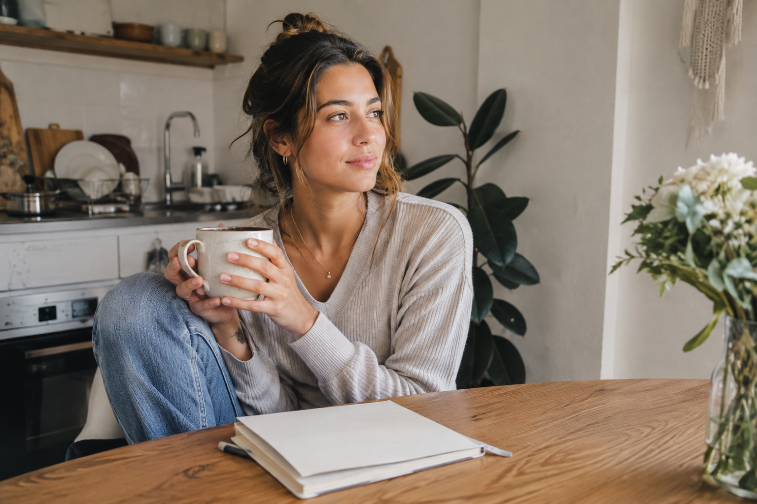 Woman taking a quiet moment with a mug and journal at home