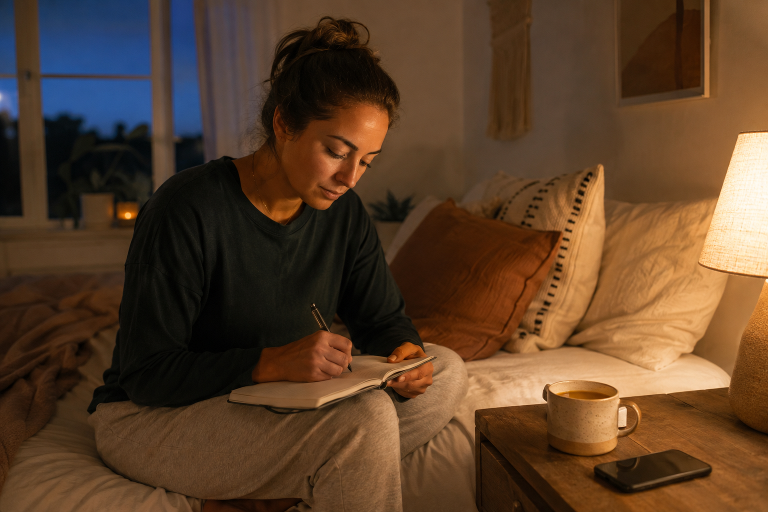 Woman writing in a journal during a calm evening wind-down routine