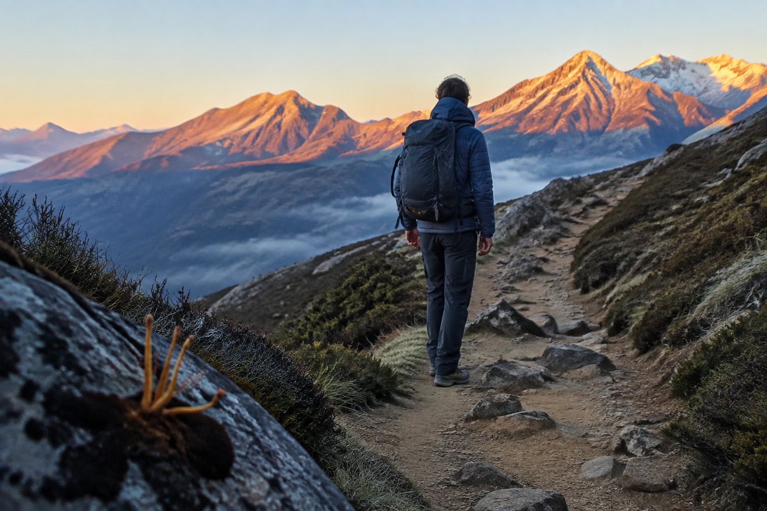 Hiker on a high mountain trail with a small cordyceps-like fungus detail in the foreground