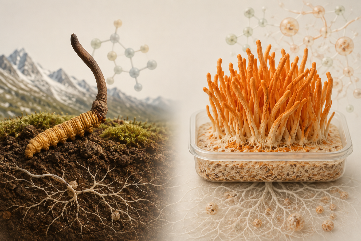 Scientific editorial comparison of a natural caterpillar fungus form and cultivated orange Cordyceps mushrooms