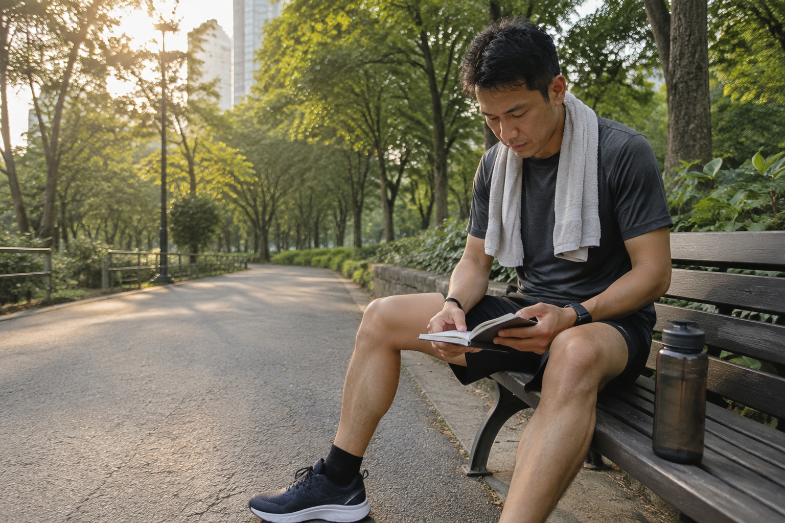 Runner sitting on a park bench after a moderate run and recording a simple training note
