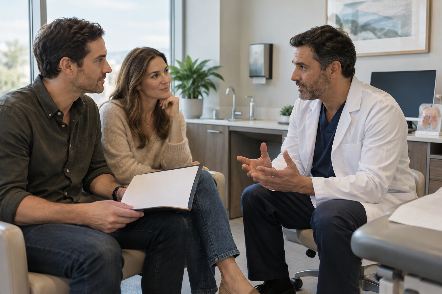 Adult couple discussing a blank fertility report with a clinician in a calm modern consultation room