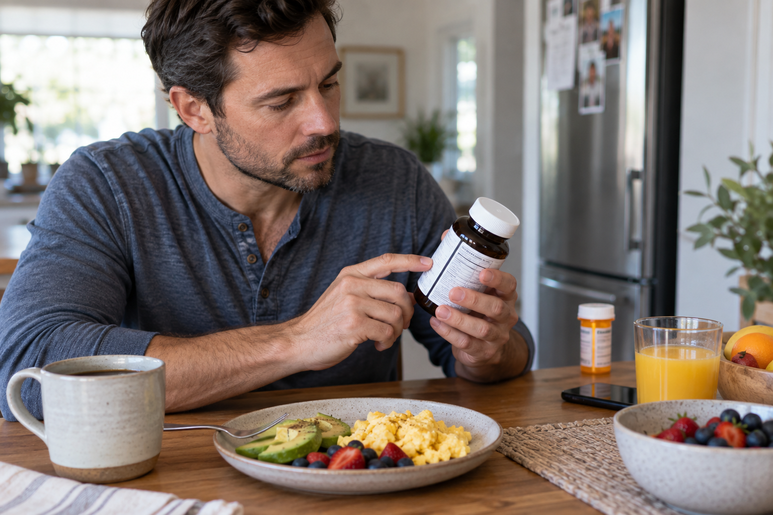 Adult man checking an unbranded CoQ10 supplement label beside breakfast at home