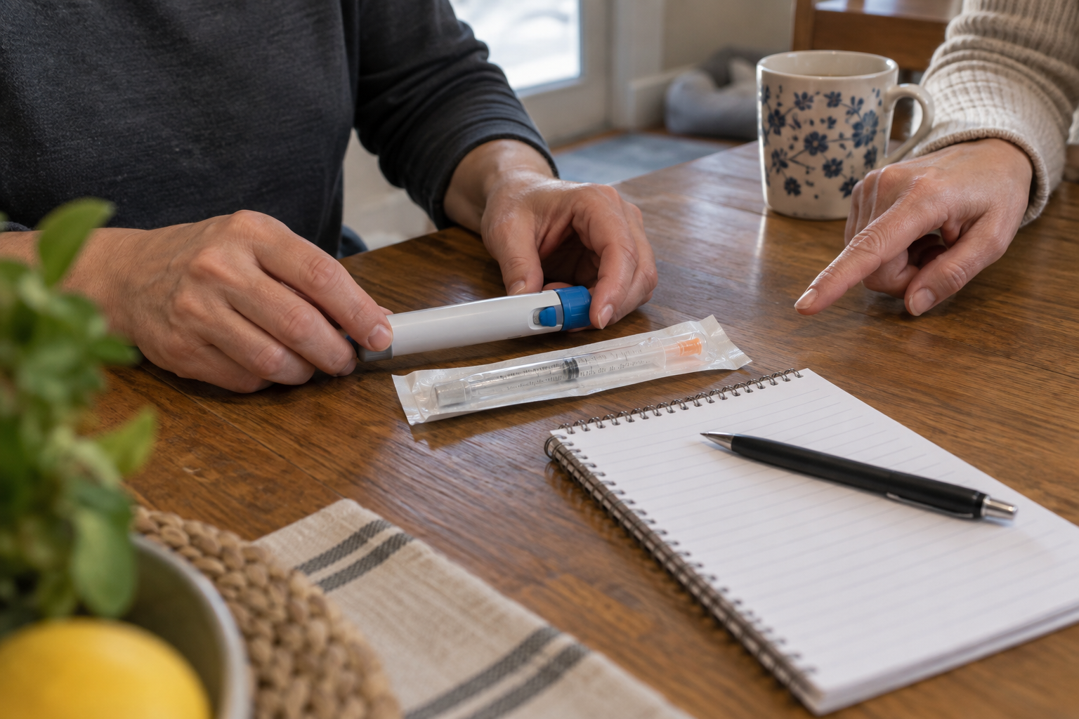 Adult hands pausing to verify an unbranded injection pen and unopened syringe package beside a blank medication list