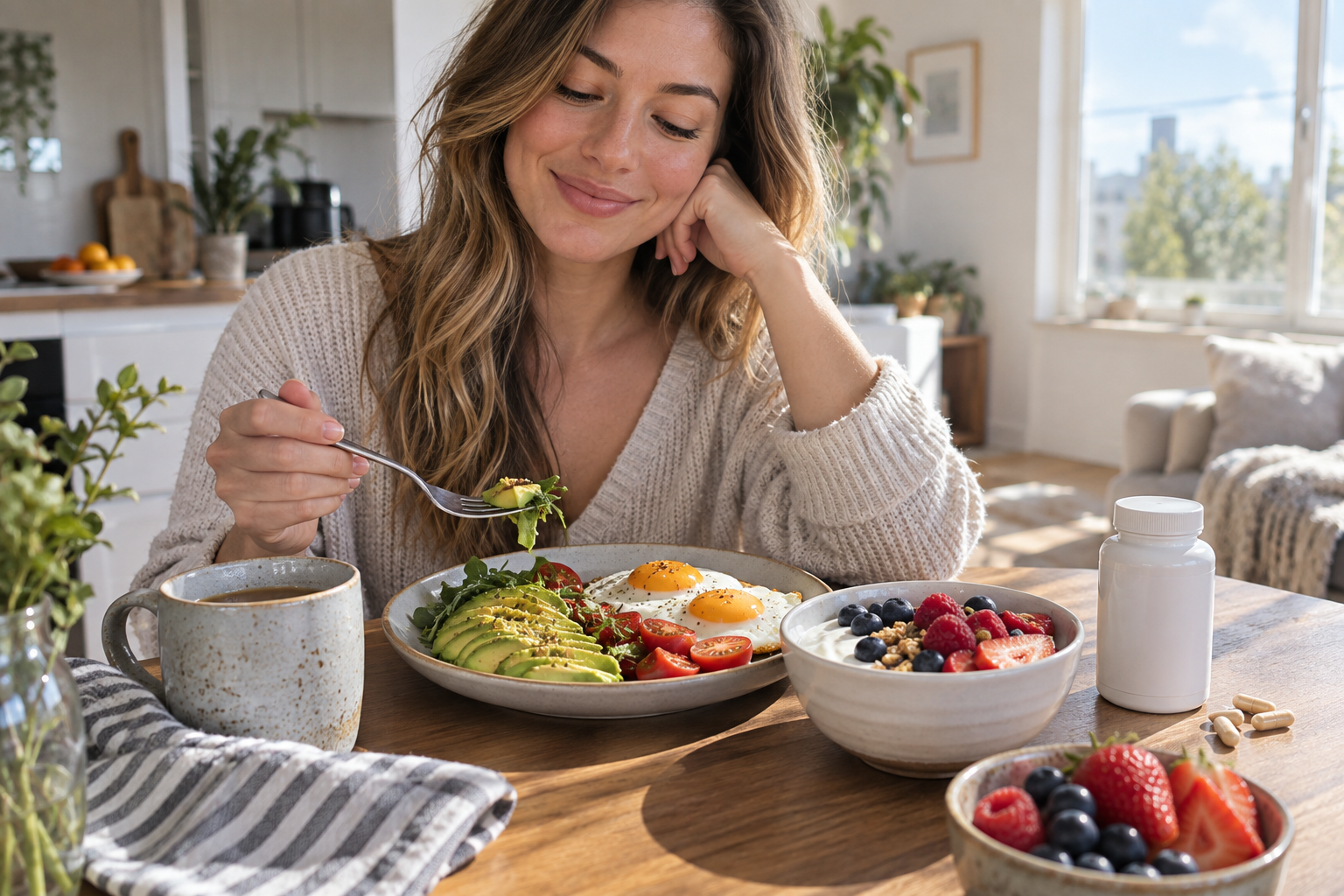 Adult woman enjoying a balanced breakfast with an unbranded CoQ10 supplement container placed separately as a wellness routine