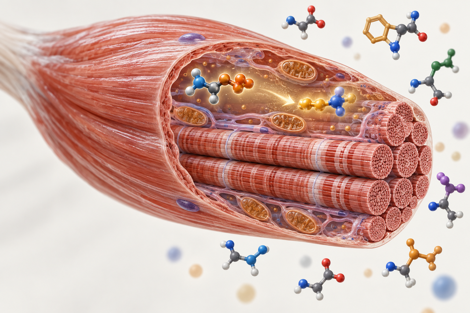 Editorial illustration of muscle fibers and cellular energy pathways for a creatine and BCAA comparison