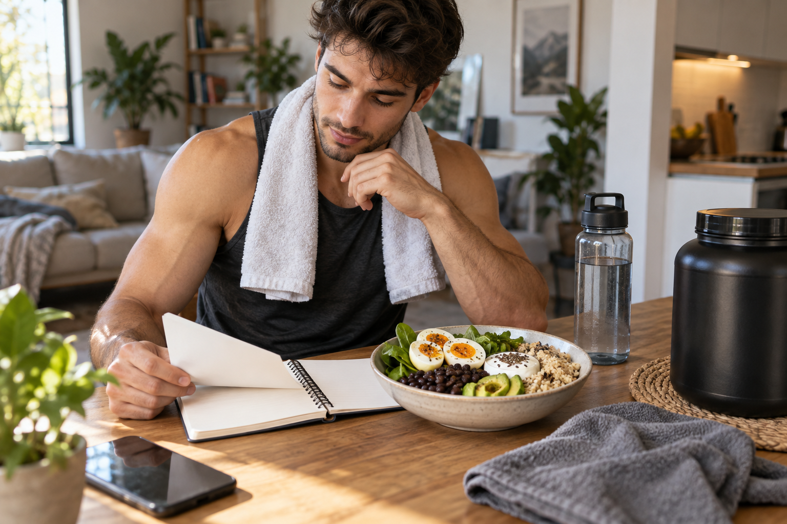 Athlete reviewing a training log beside a complete protein meal and unbranded supplement container
