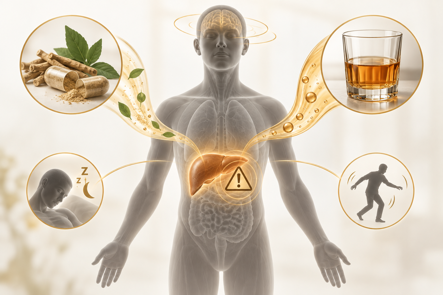 Editorial illustration showing ashwagandha and alcohol pathways with drowsiness, coordination, and liver caution cues