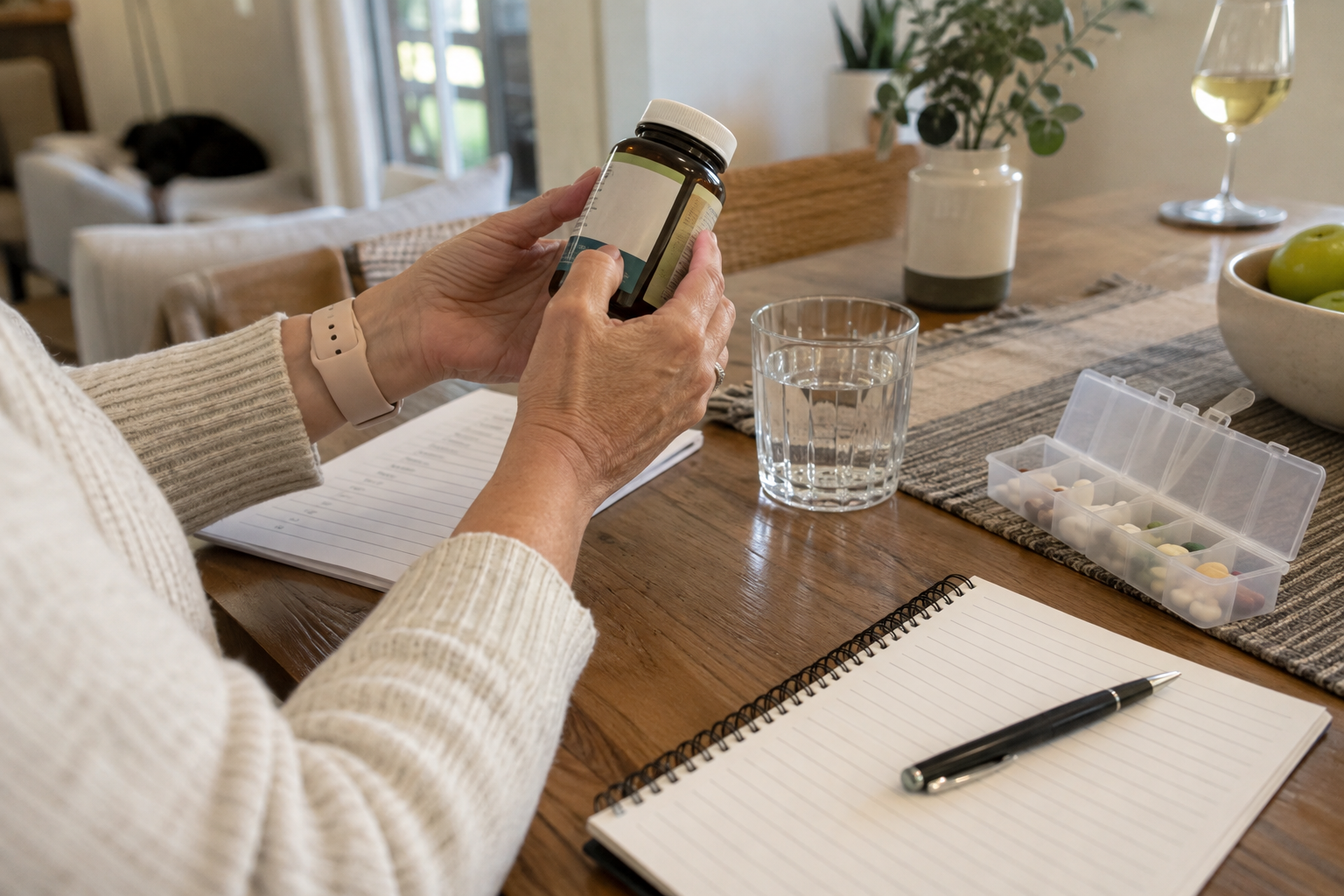 Trusted friend offering water and reaching for a phone while a tired person rests safely at home