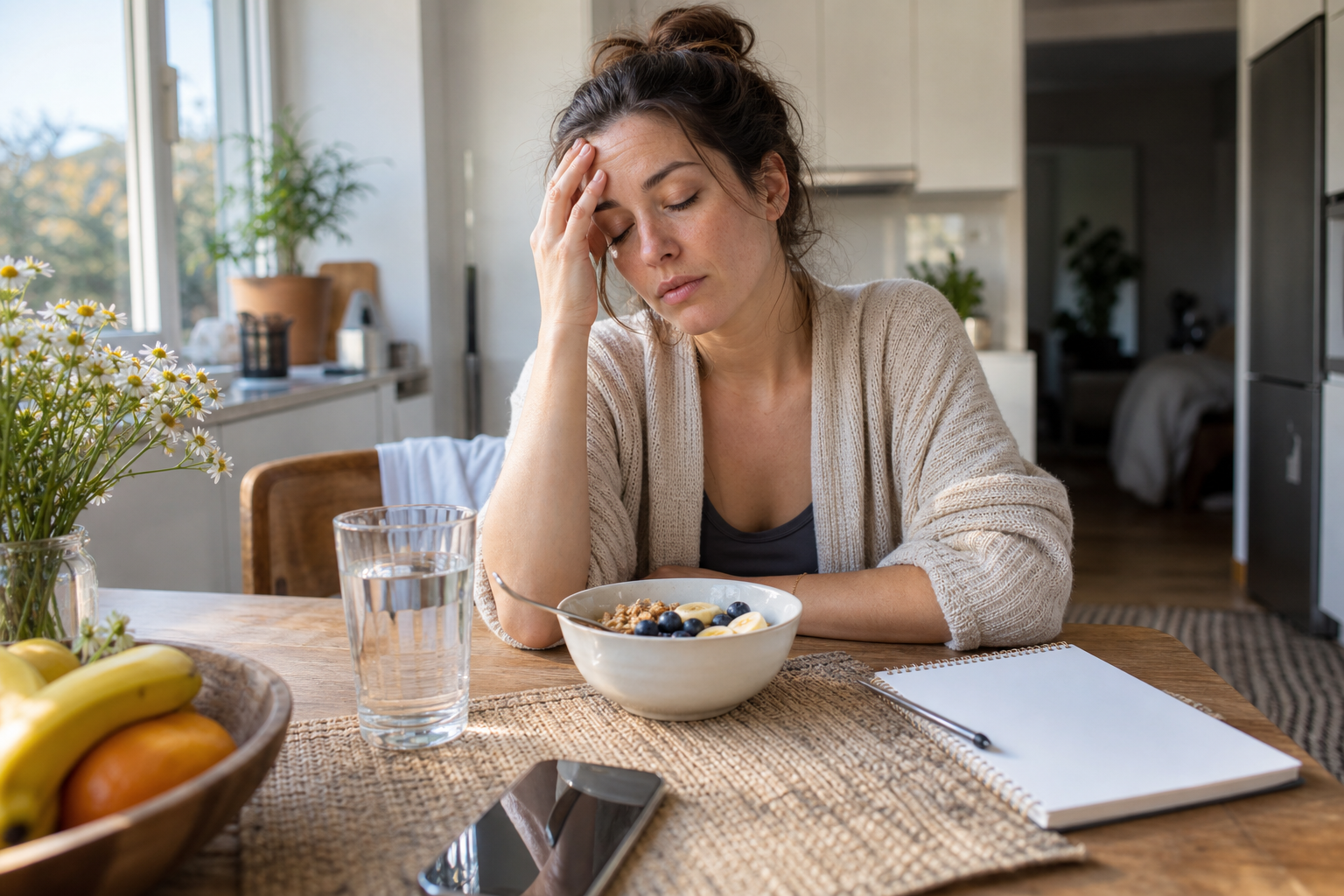 Tired woman sitting at breakfast with water, fruit, and a notebook after a poor night's sleep