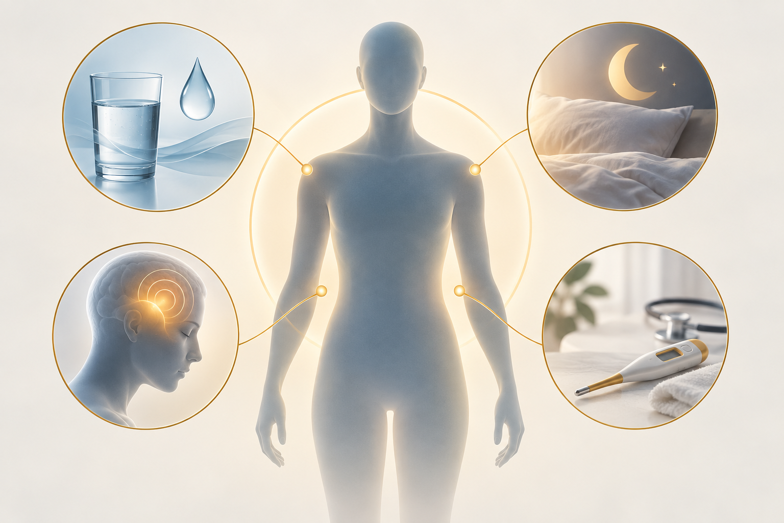 Editorial illustration connecting water loss, sleep disruption, headache, and illness with hangover-like symptoms