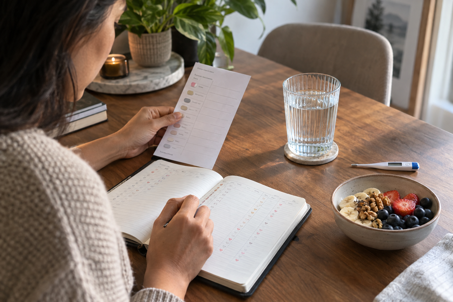Person recording fatigue, temperature, food, fluids, and medication details in a notebook at home