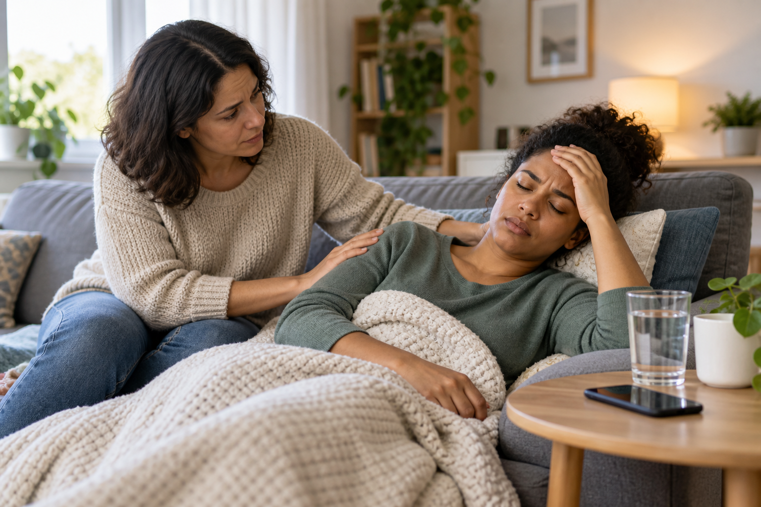 Friend checking on a tired person resting at home while keeping a phone nearby for safety