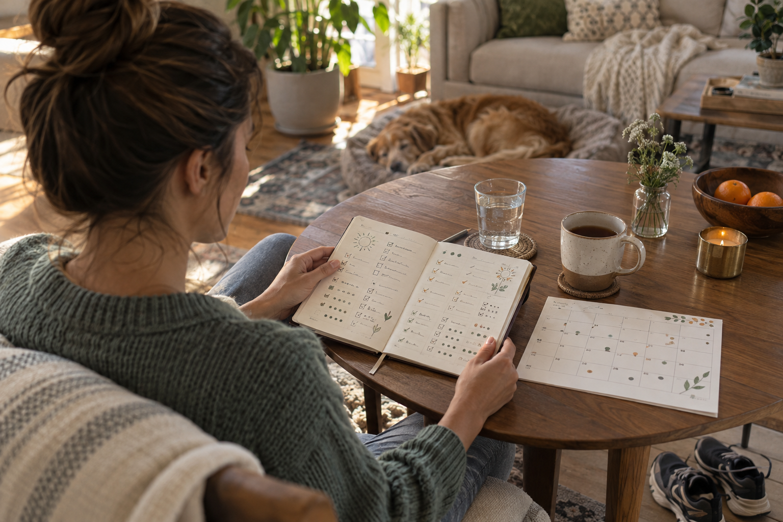 Avaliação diária de um diário de bem-estar de 30 60 dias com calendário de papel, chá e sapatos de caminhada em casa