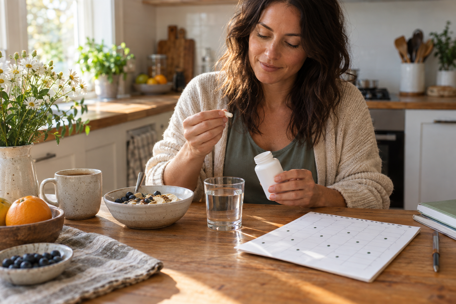 Every-other-day NMN routine at a kitchen table with a capsule, water, breakfast, and a simple calendar