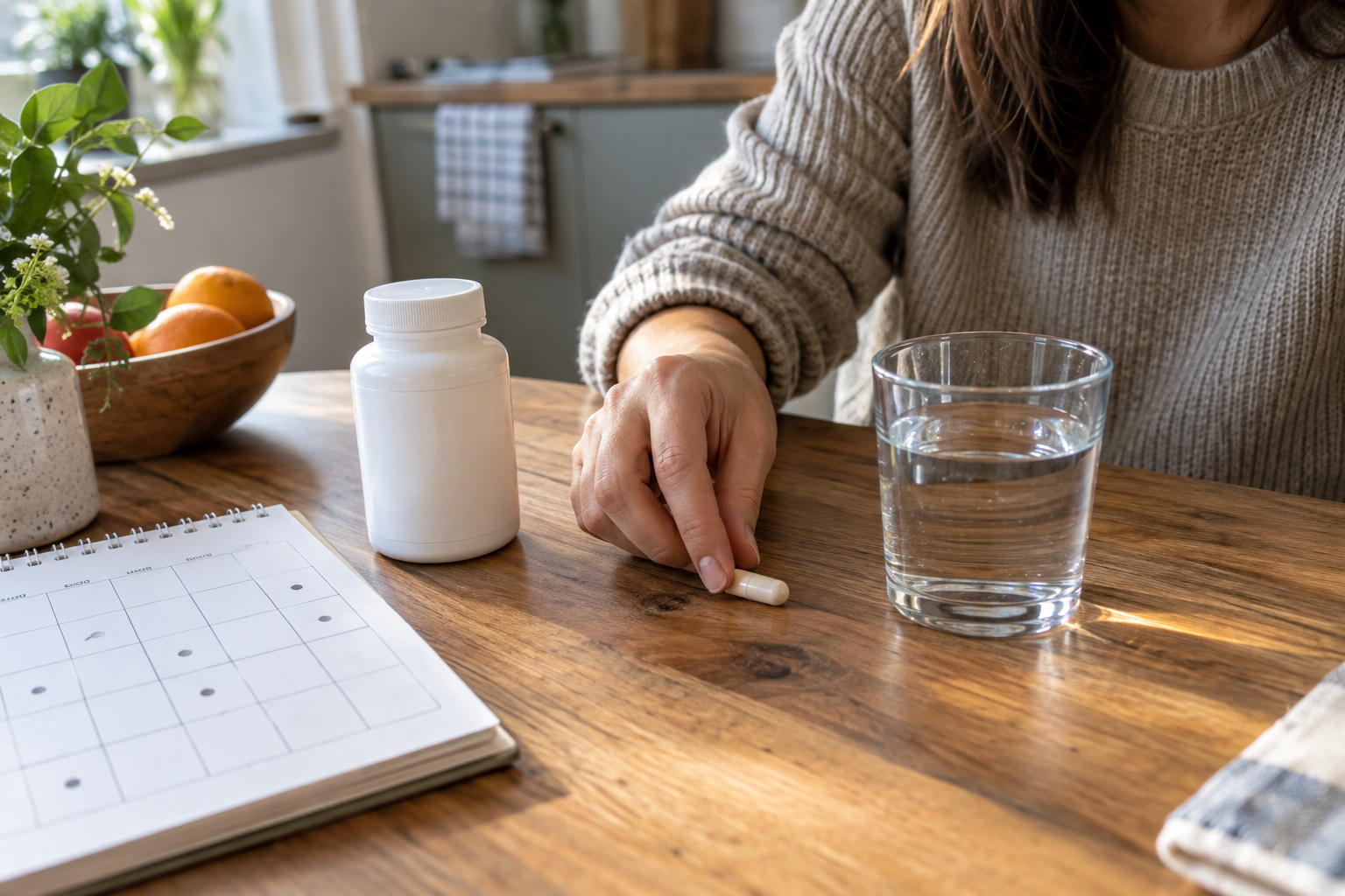 Hand arranging one unbranded NMN capsule, water, and an alternating-day paper calendar on a kitchen table