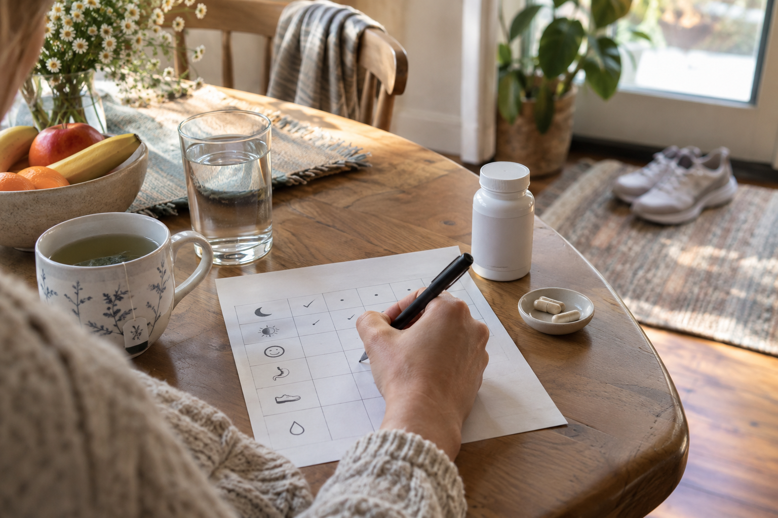 Person writing a simple daily wellness log at a dining table with water, tea, walking shoes, and an unbranded supplement bottle