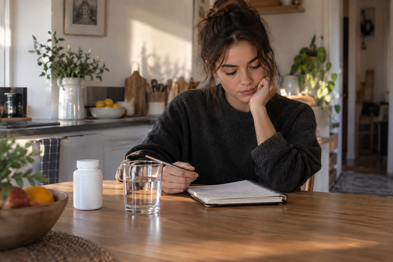 Person calmly reviewing a notebook beside a closed unbranded supplement bottle and water at home