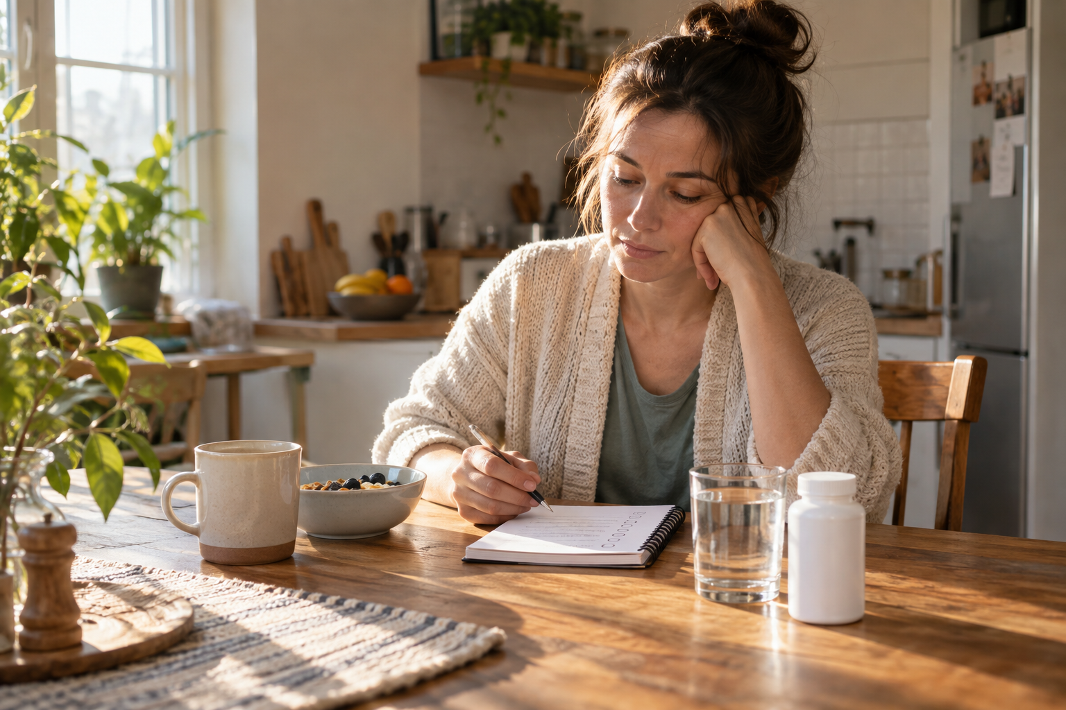 Adult reviewing how she feels beside water and an unbranded supplement bottle at a breakfast table
