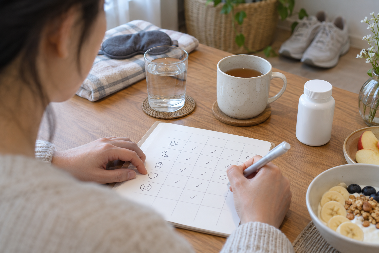 Person making simple check marks in a paper wellness log beside water, tea, and an unbranded bottle
