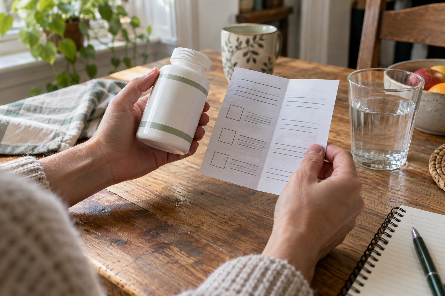 Two adults calmly reviewing a notebook while an unbranded supplement bottle is set aside on a dining table