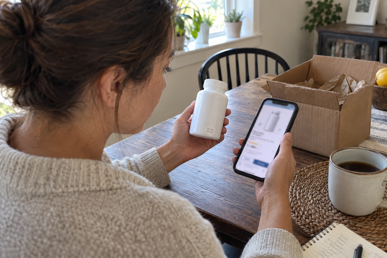 A shopper at home compares an NMN supplement bottle with its online product listing after delivery